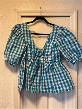 Lilly Pulitzer Blue and White Gingham Puff-Sleeve Peplum Top
